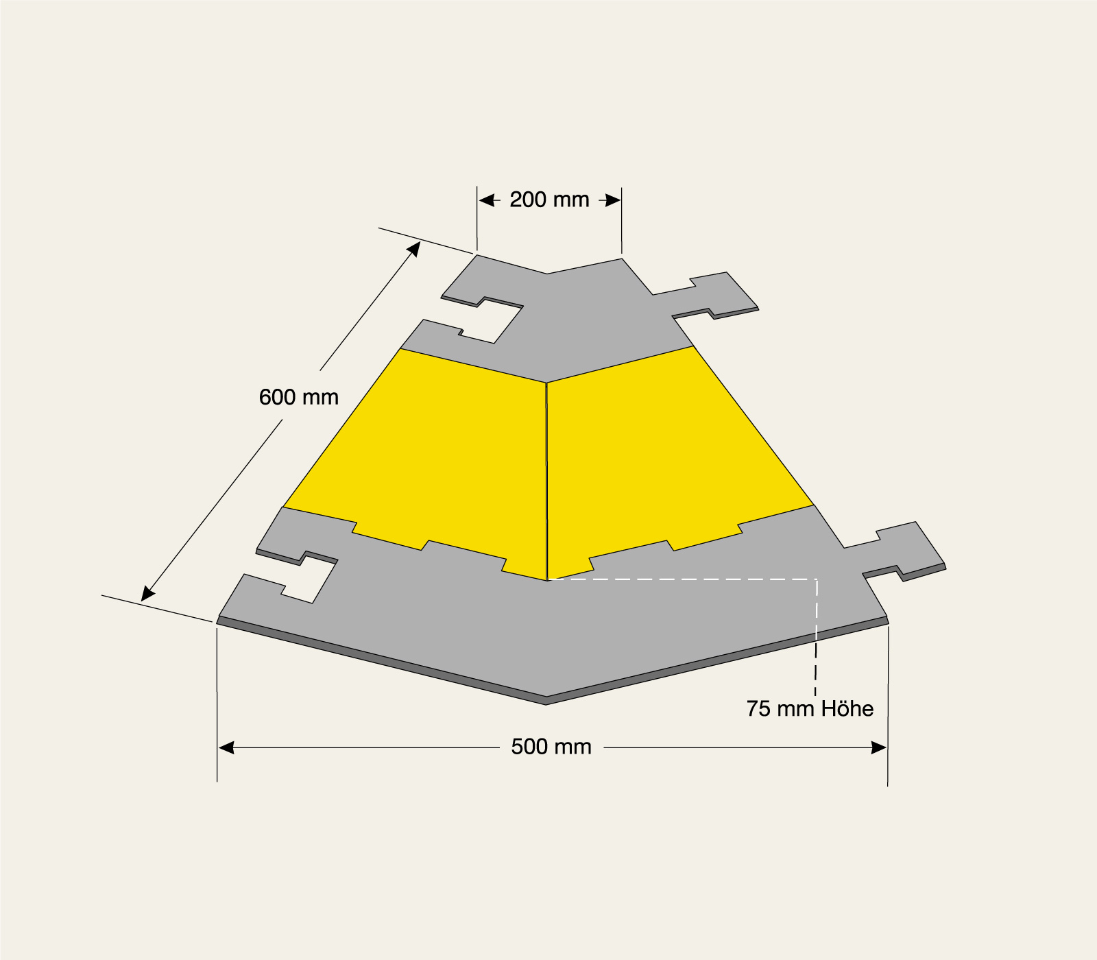 Croquis élément d’angle 45° grand protège-câble noir à 3 canaux jaune